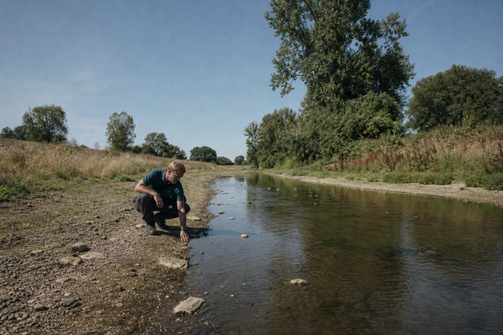 Een ecoloog onderzoekt een laagstaande Limburgse beek tijdens droogte