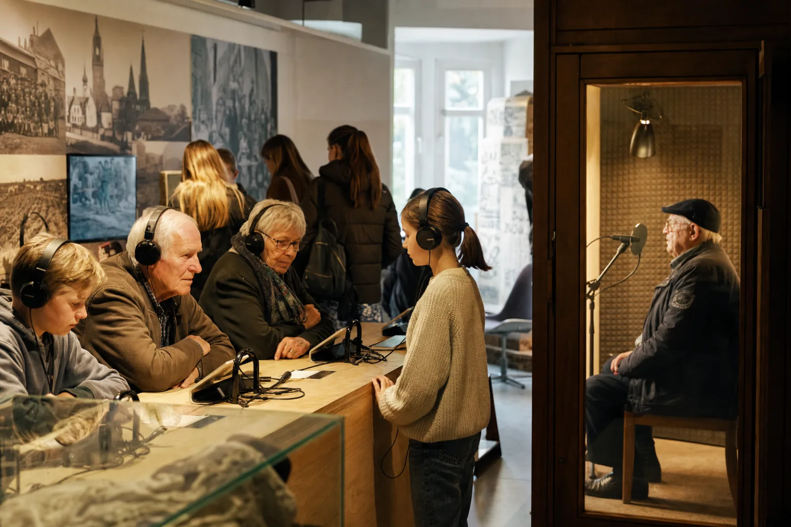 Bezoekers luisteren naar Limburgse dialectverhalen in een museale installatie